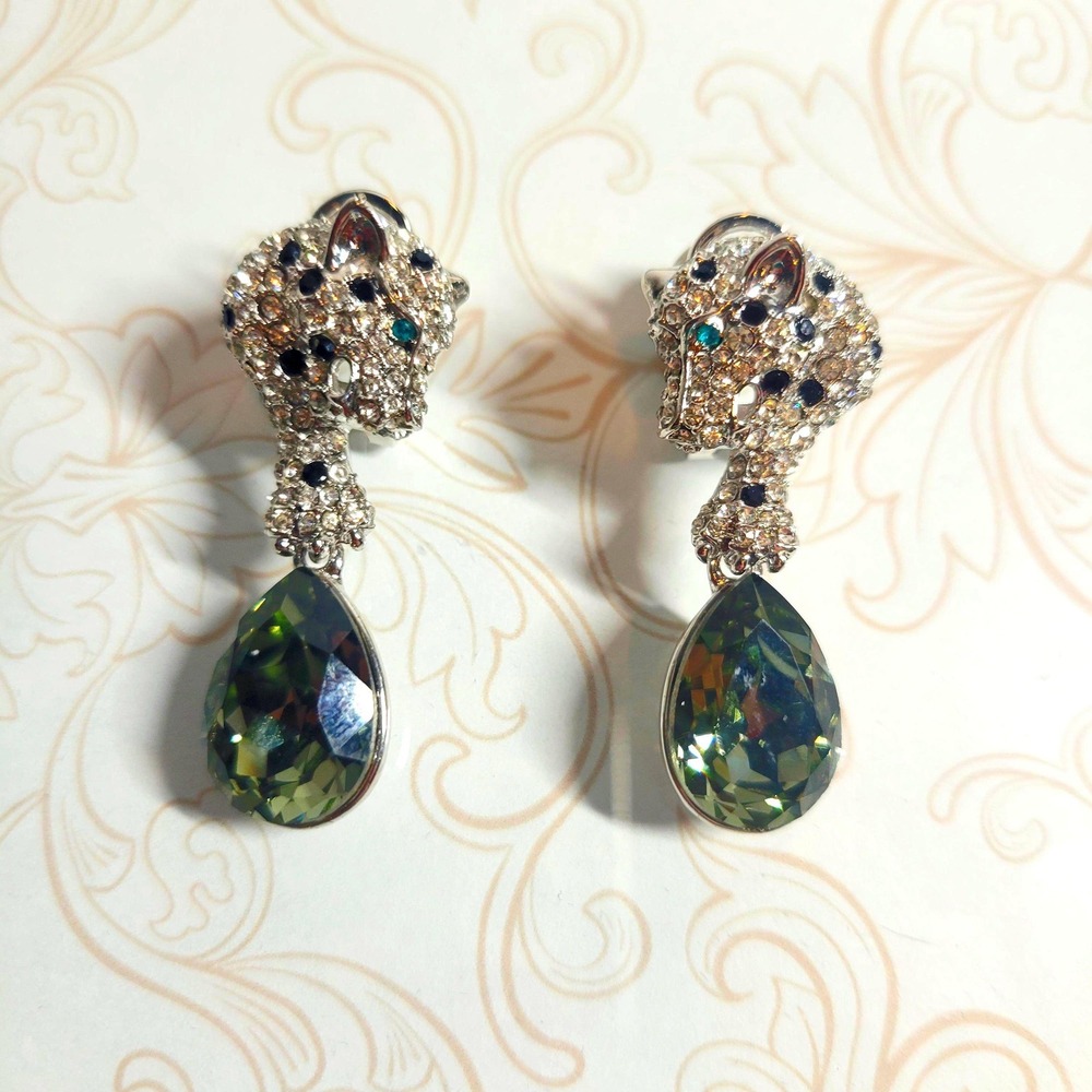 Vintage Rhinestone Leopard Earrings, Silver Tone‎ Drop Dangle Statement